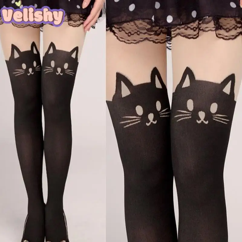 Newest Hot Women Sexy Cute Cartoon Cat Tail Sexy Thin Pantyhose Hosiery Tattoo Stockings Fashion Printed stockings