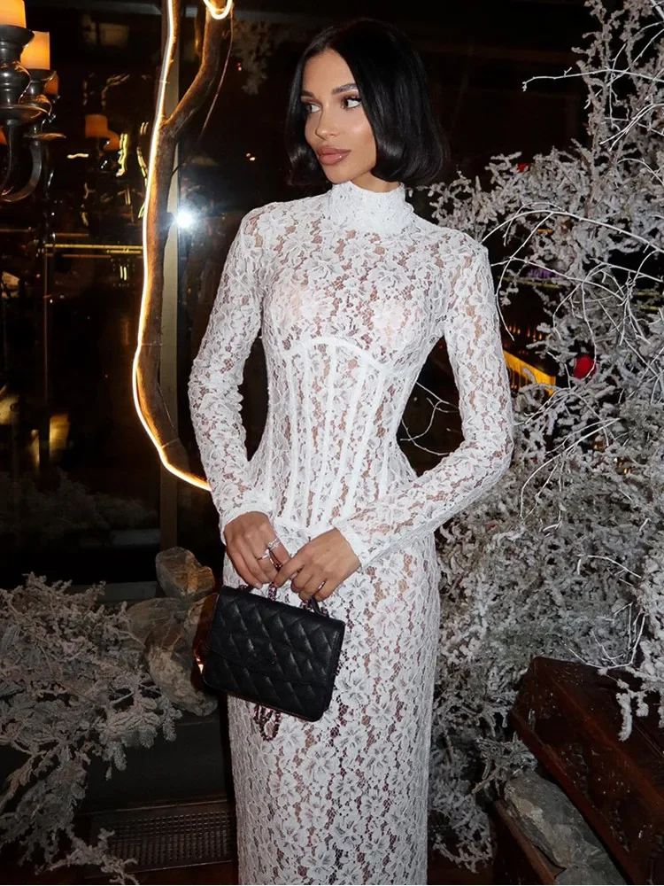 

Women Celebrity Sexy Long Sleeve Lace White Maxi Long Gowns Dress 2026 Elegant Evening Party Club Vestido