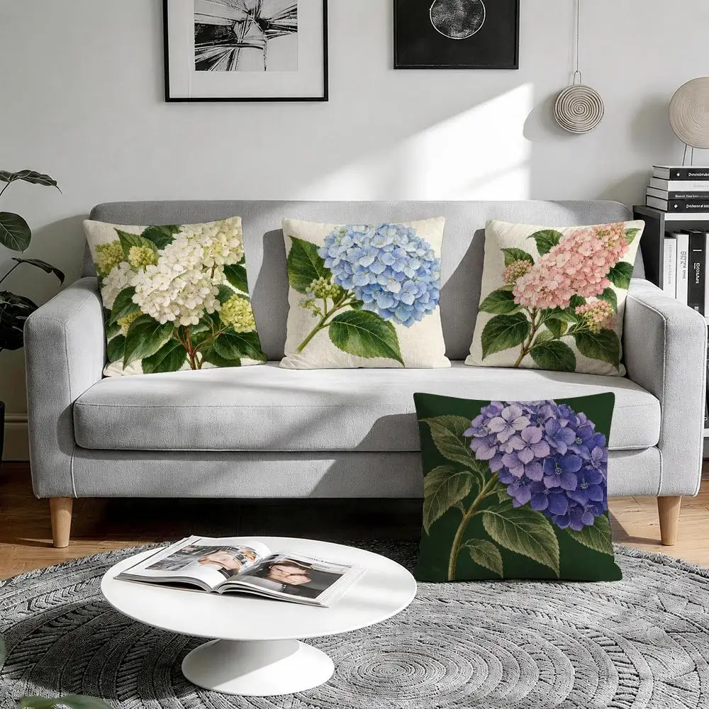 Hydrangea Elegant Romantic Cushion Cover 1/4Pcs Linen Throw Pillow Covers Double-Side Print Sofa Couch Living Room Decor