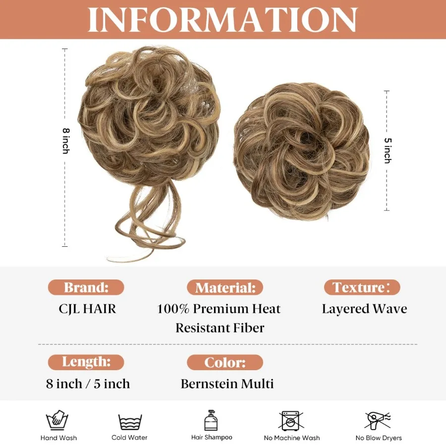 CJL 헤어 2개입 메시 번 헤어피스 웨이브 컬리 합성 업두 시뇽 가짜 스크런치 포니테일 익스텐션 여성용 베르스테인 무