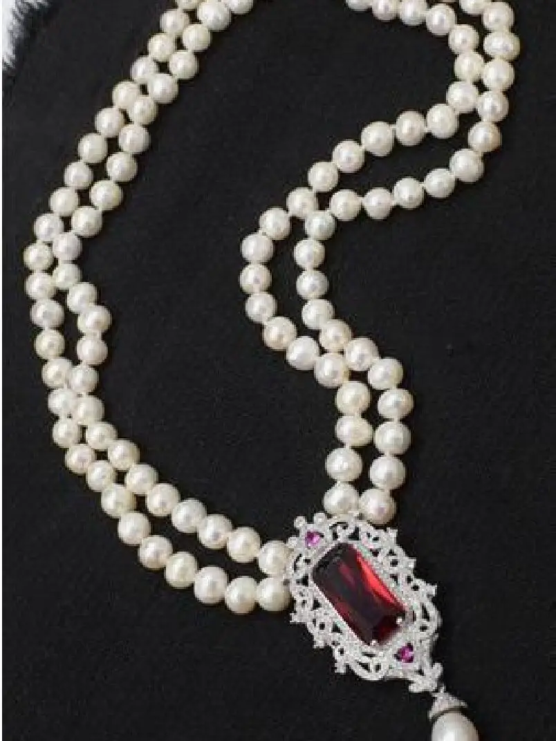 

2rows freshwater pearl white near round 8-9mm necklace red zircon nature beads wholesale 17-18inch FPPJ