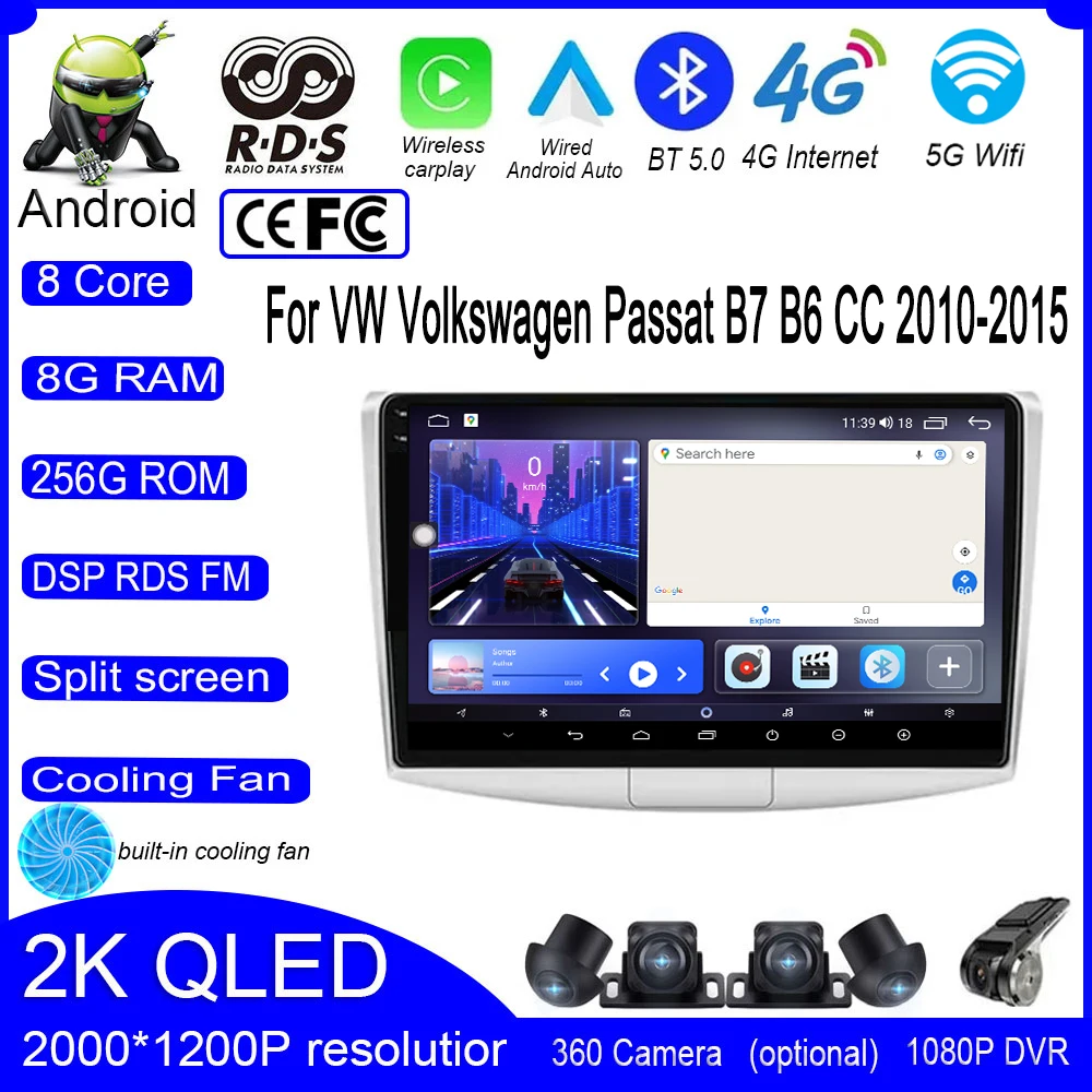 DSP Android 14 Leitor multimídia para carros, Carplay, Rádio, Vídeo, Unidade de cabeça estéreo, GPS, Volkswagen Passat B7 B6 CC, 2010-2015