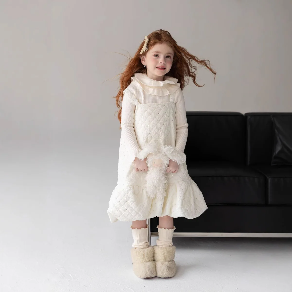 

Girls White Dress French Late Autumn Skirt Foreign Style Baby Girl Velvet Thickened Diamond Check Velvet Flower Pod Slip Dress