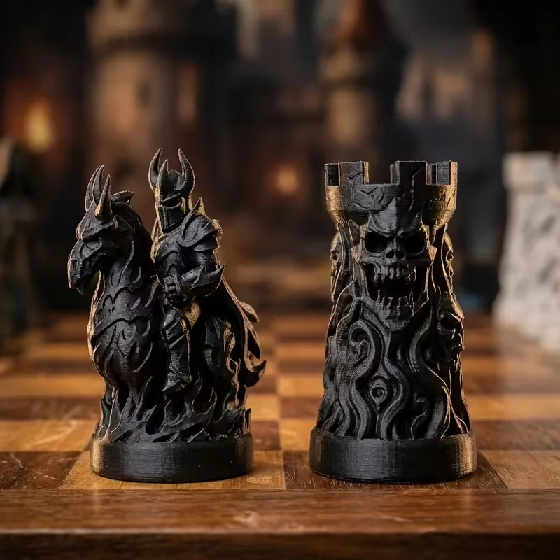 16 Pcs Chess Gothic Horror Necromancer Chess Set Unique Dark Fantasy Chess Pieces for Halloween Desktop Decorative Ornaments