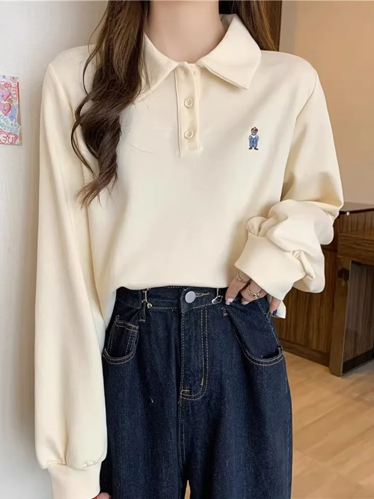 

Женский свитшот с воротником, свободного кроя, тонкий, в корейском стиле, в гонконгском стиле, с высокой талией, модный, весна-осень