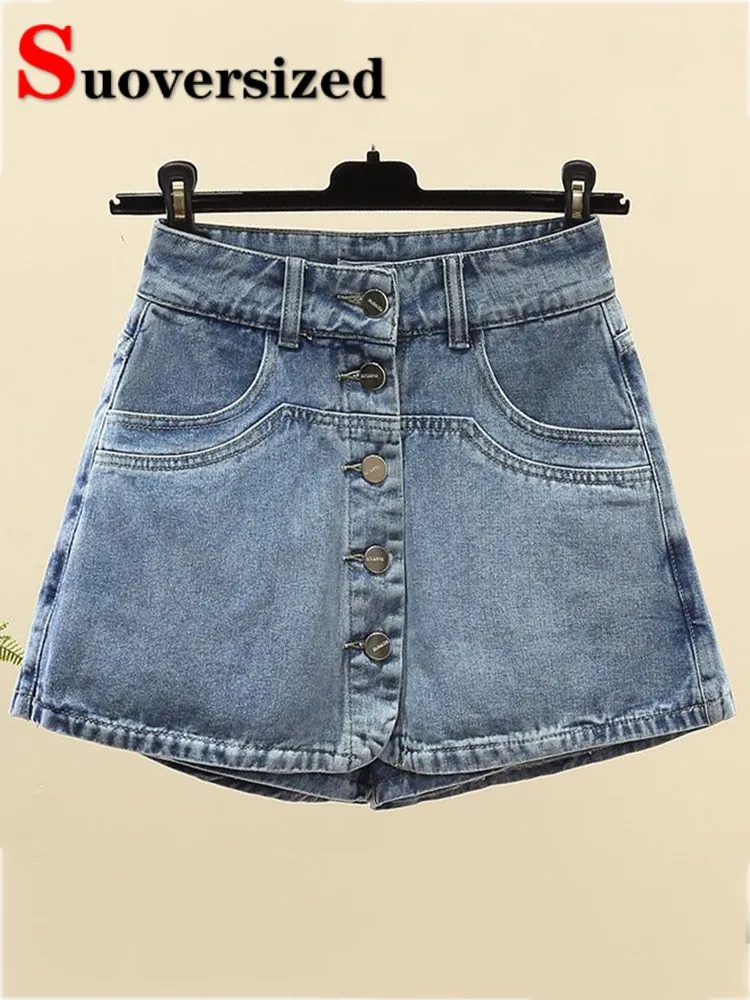 Vintage High Waist Slim Denim Culottes Shorts Summer Women Korean A-line Jean Szorty Fashion Skirts Pantaloncini Casual Bermuda