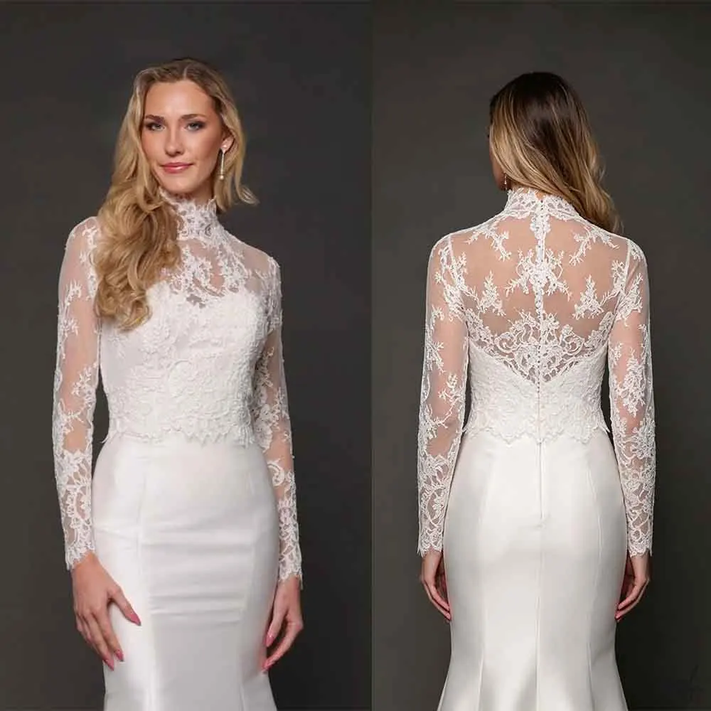 Elegant Full Sleeve Wedding Bolero For Bride High Neck Lace Applique Bridal Jacket Formal Engagement Event Wraps Customized