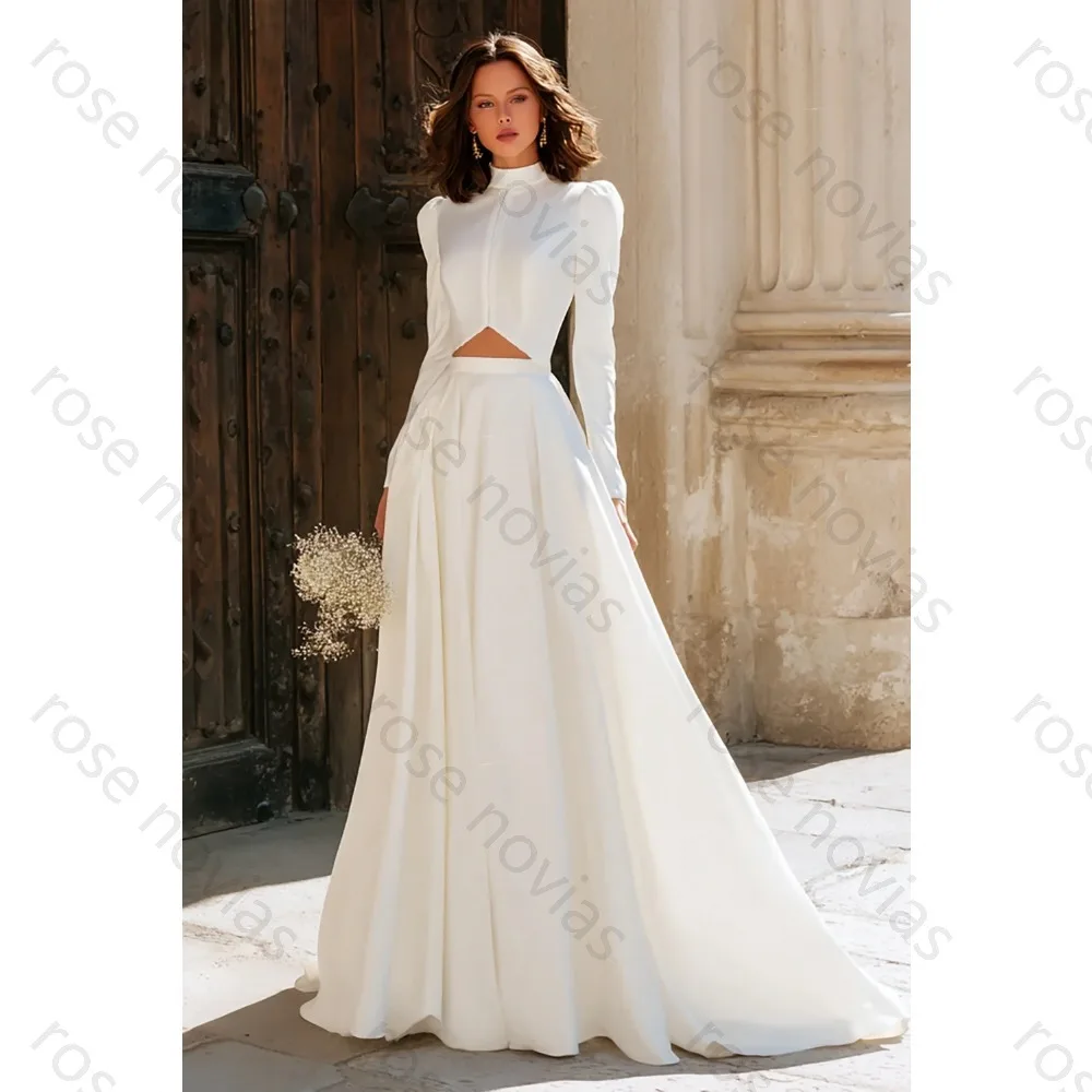 

Customized Satin Wedding Dresses For Bride O-Neck High Quality Ball Gown White Bridal Cheap A-line for Floor-Length Simple
