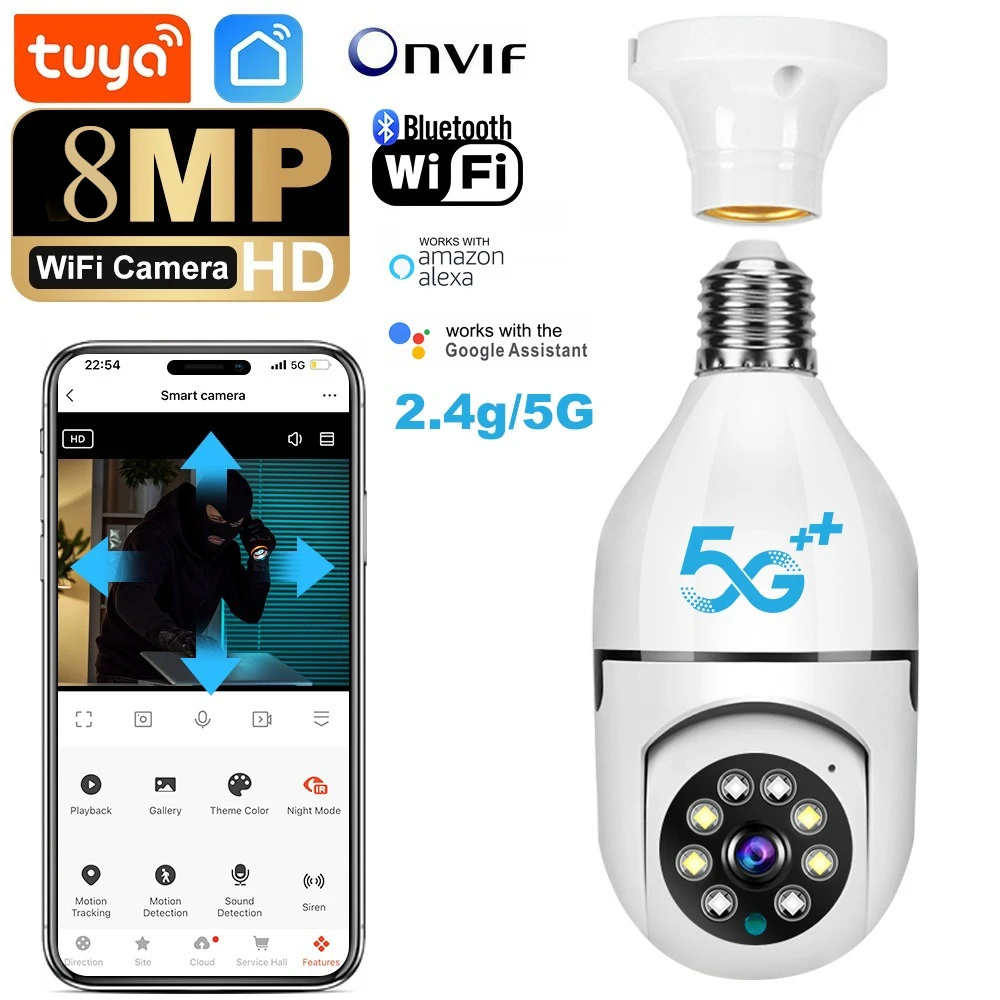 8MP TUYA Light Bulb Surveillance Camera,Indoor Wireless WIFI,360-degree Rotation,No-drill Mounting,E27,5G,High Definition