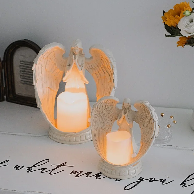 Angelic Nordic Candle Holder Vintage Angel Wings LED Stand Resin Crafted Tabletop Decor Home Ethereal Romantic Design