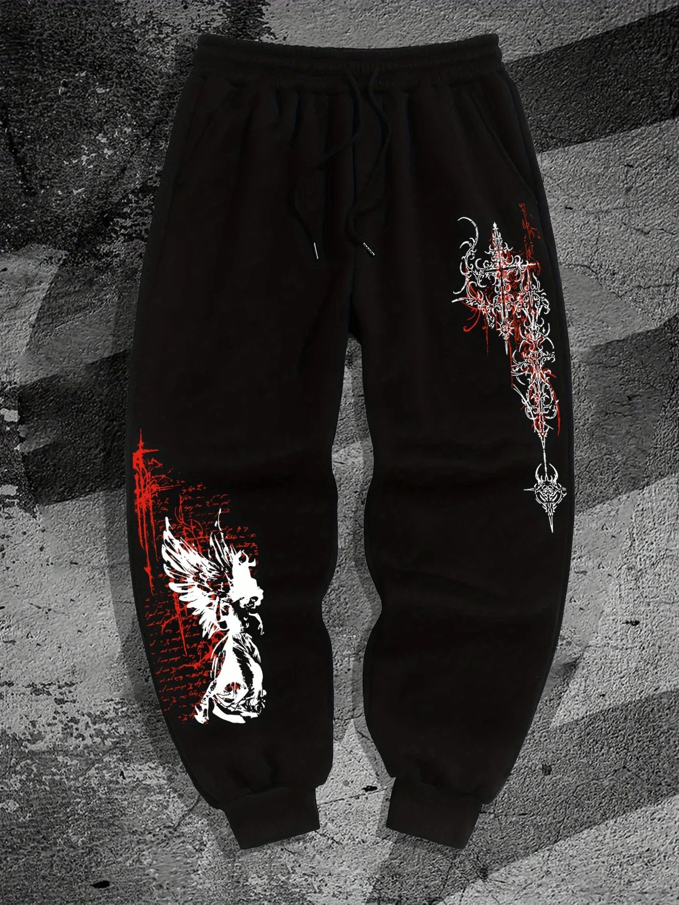 Distressed Blood Text Vintage Ornament Men Hip Hop Sports Tapered Pants, Elastic Waist Versatile Streetwear Trousers