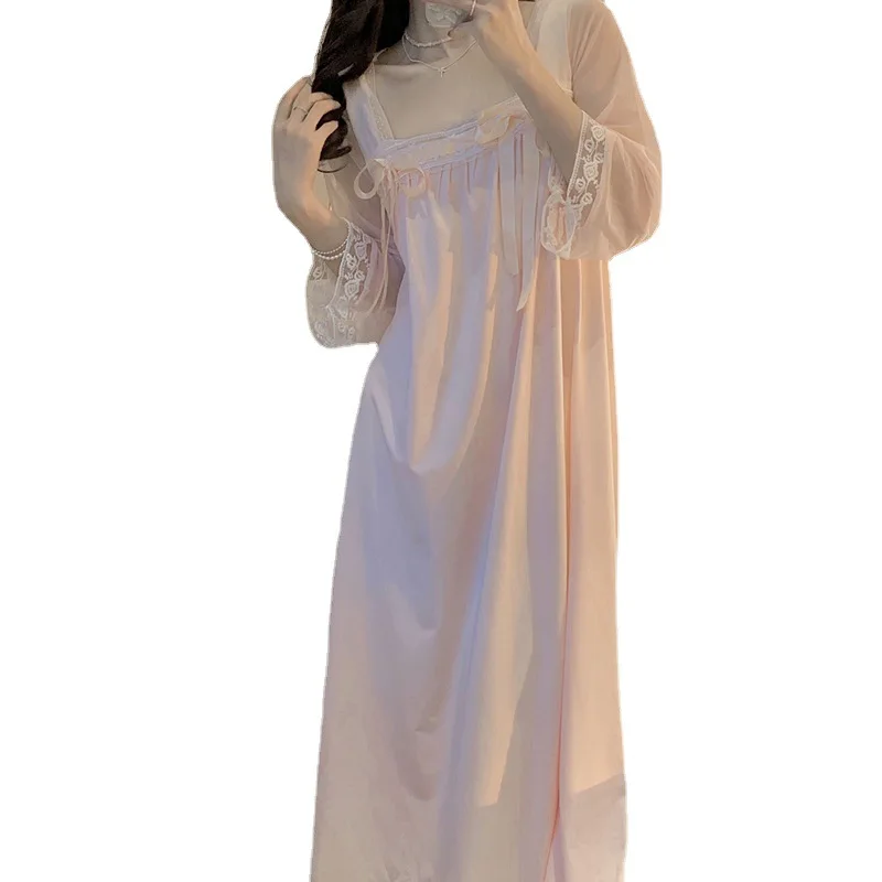 Long Sleeved Nightgown for Women Spring and Summer Palace Princesses Retro Lace Sweet and Long Home Clothes Lace Sexy Sleepwear