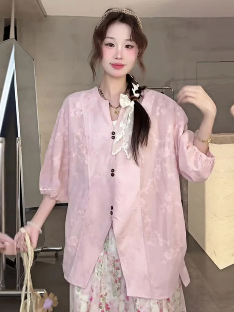 Novo chinês sle floral impressão blusa feminina rosa verão irt vintage faion svel redondo ne algodão casual topo