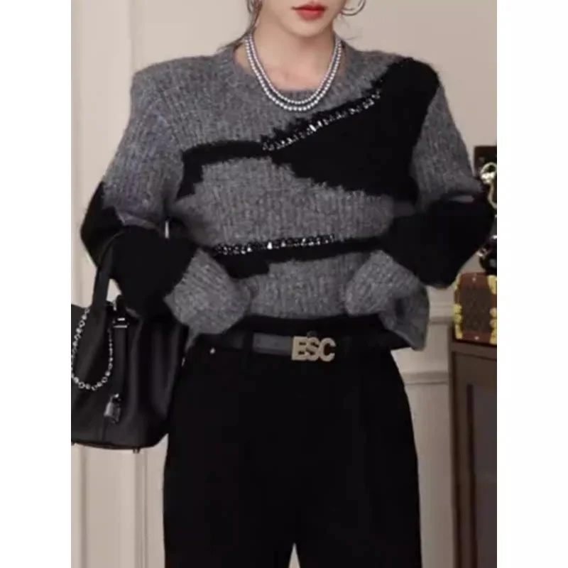 النمط الفرنسي الكشمير المرقعة سترة المرأة الخريف الشتاء جديد س الرقبة طويلة الأكمام الإناث البلوز ملابس Y2k غير رسمية