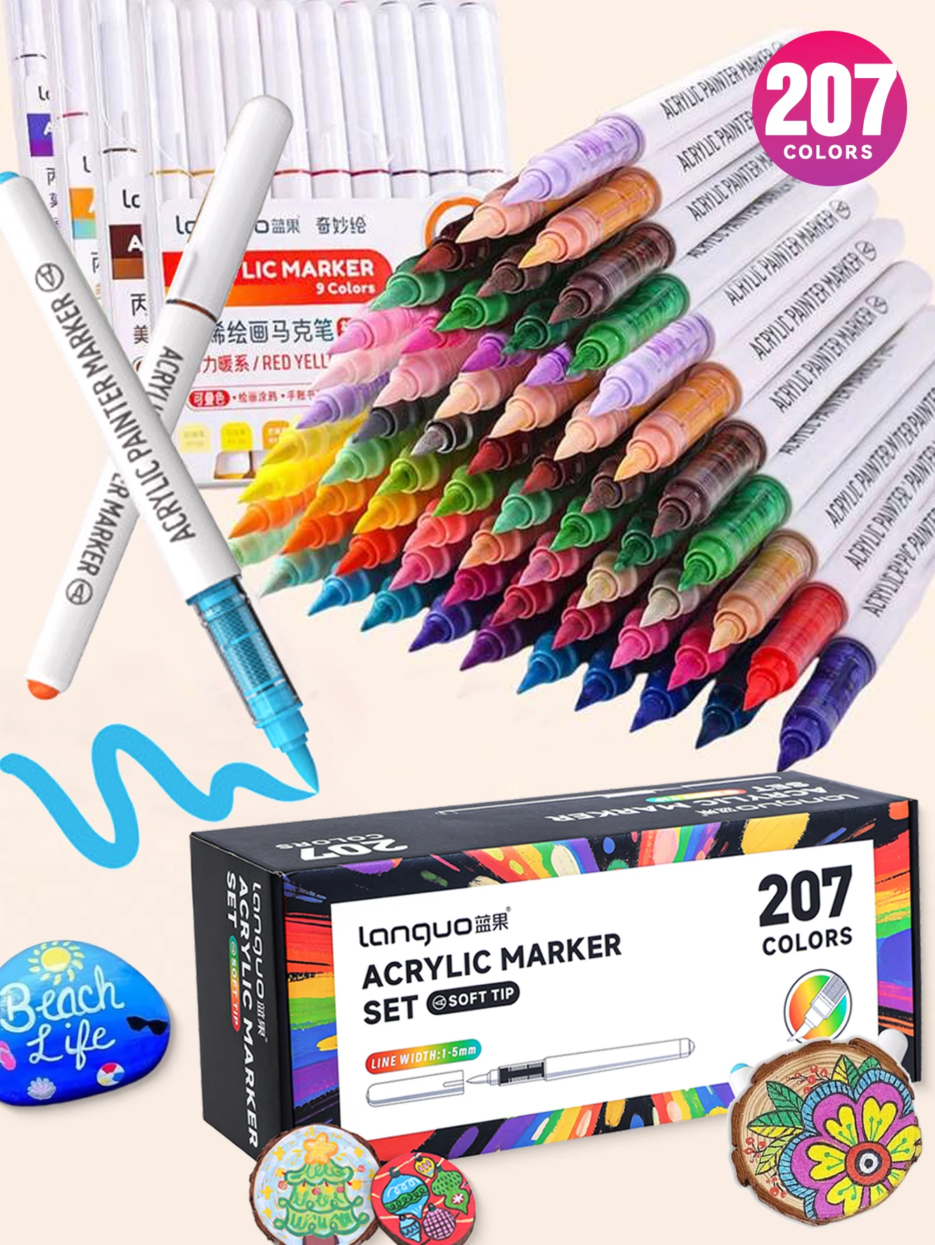 

Languo Automatic Ink-Control Acrylic Paint Pens, 23 Color Series, 9-Piece Brush Tip Acrylic Paint Pen Set, 207 Professional Color Series, Suitable for Rock Painting, Ceramics, Wood, Canvas, Glass, Stones, Fabrics, Card Making, Diy, and Art Supplies