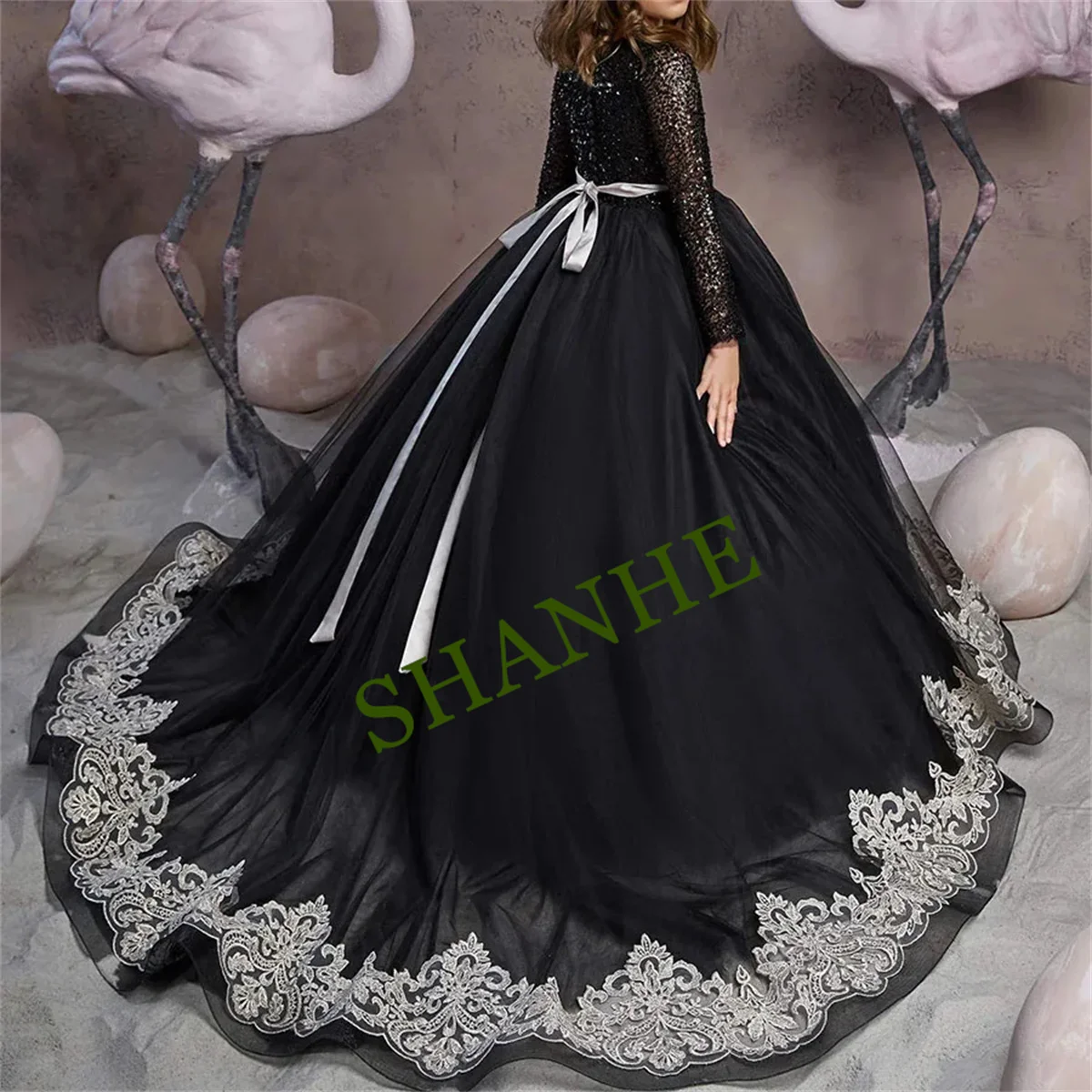 CustomizedLuxury Flower Girl Dress Sequins Applique Tulle Puffy With BeltFloor Length For Wedding Pageant Party First Comunion B