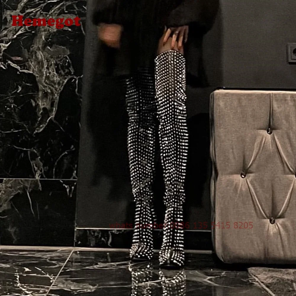High Heels Gladiator Rock Thigh Boots Shiny Rivet Stiletto Boots Pointy Toe Side Zipper Studded Over The Knee Women's Boots Sexy