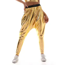 Women Adult Haren Pants Shiny Holographic Loose Pants Gold Club Pole Dance Costume Metallic Trousers Hip Hop Casual Streetwear