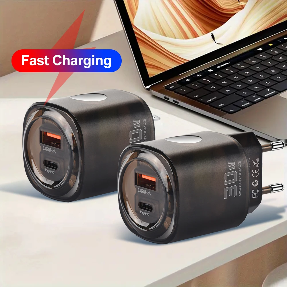 2 في 1 شاحن USB PD شفاف Mecha Quick Charge3.0 شحن سريع على الحائط طاقة الهاتف المحمول لهاتف iPhone Samsung Plug Xiaomi Hua