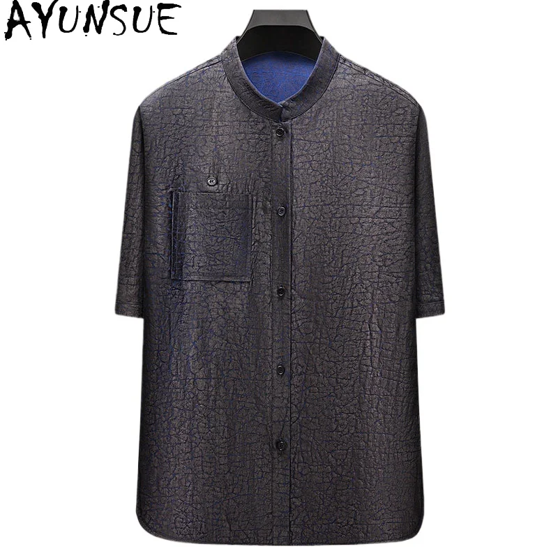 AYUNSUE New 100% Real Mulberry Silk Shirts for Men Luxury 2026 High Quality Watered Gauze Shirt Summer Top Man Reversible Shirt