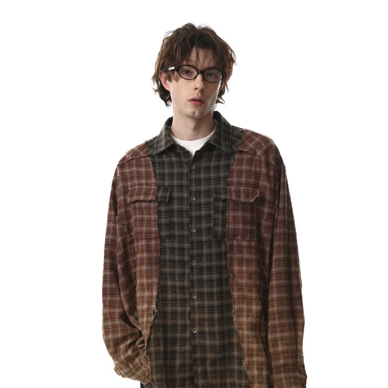 WVGA Spring New Men's Vintage Color-Block Brushed Patch Pocket Design Plaid Long Sleeved Shirt Niche Chic Casual Tops Ins W26895