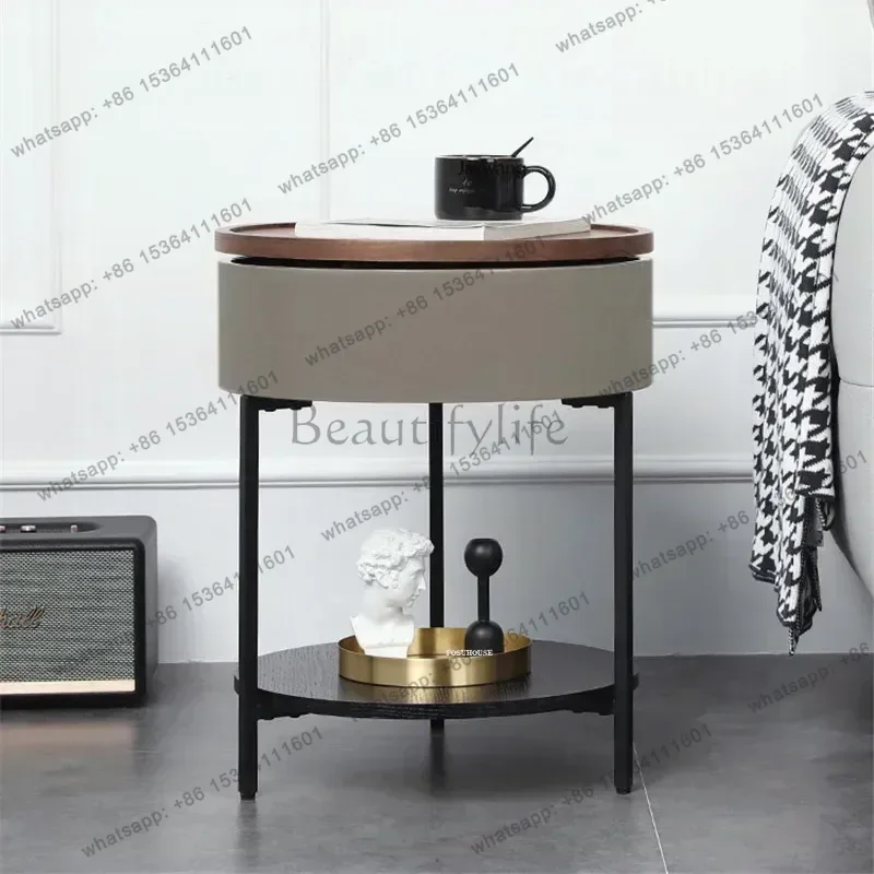 LSLuxury Oak Wooden Coffee Table Round Corner Table for Bedroom Bedside nightstand Home Furniture Rotating Cover Sofa Side Cabin