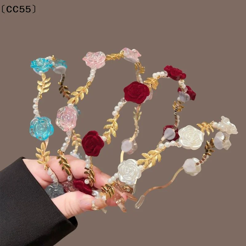 Elegant Rose Flower Headbands With Faux Pearls Golden Leaf Details For Wedding Bridal Party Daily Wear〔CC55〕