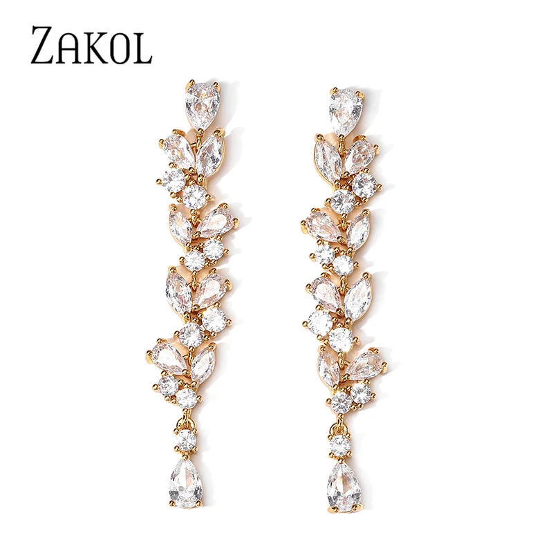 ZAKOL Buling Water Drop Cubic Zirconia Dangle Earrings for Women Luxury Leaf Bridal Wedding Jewelry EP5388