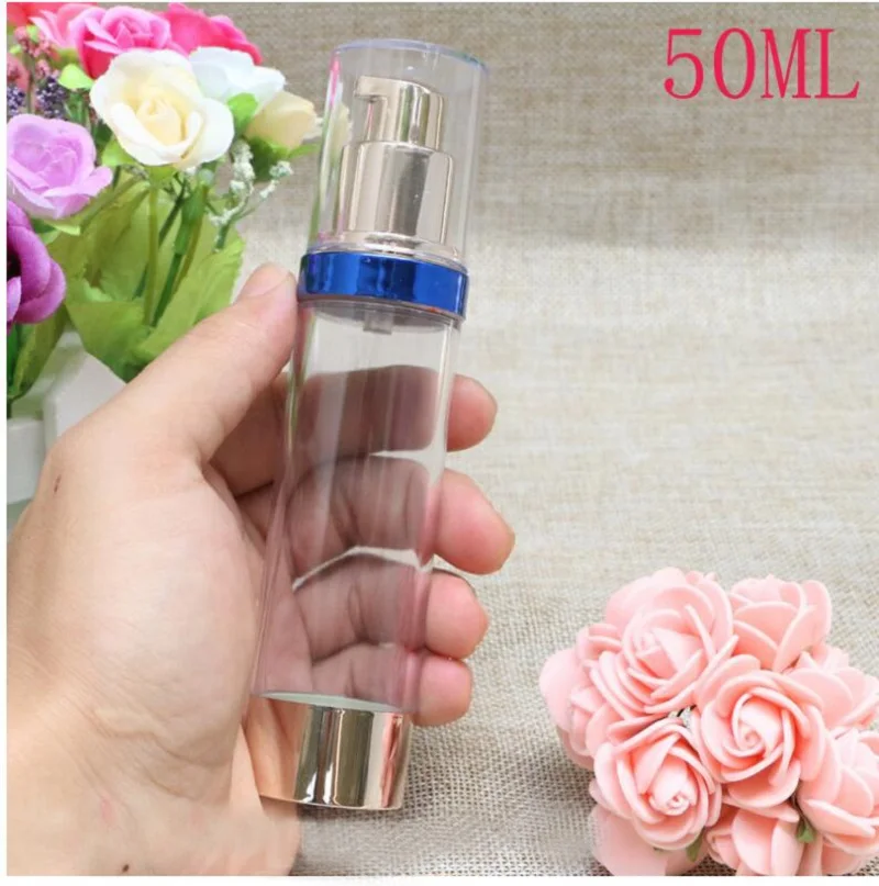 

50ML plastic airless bottle gold pump blue rim lotion/emulsion/serum/liquid essence foundation moisture toner skin care cosmetic