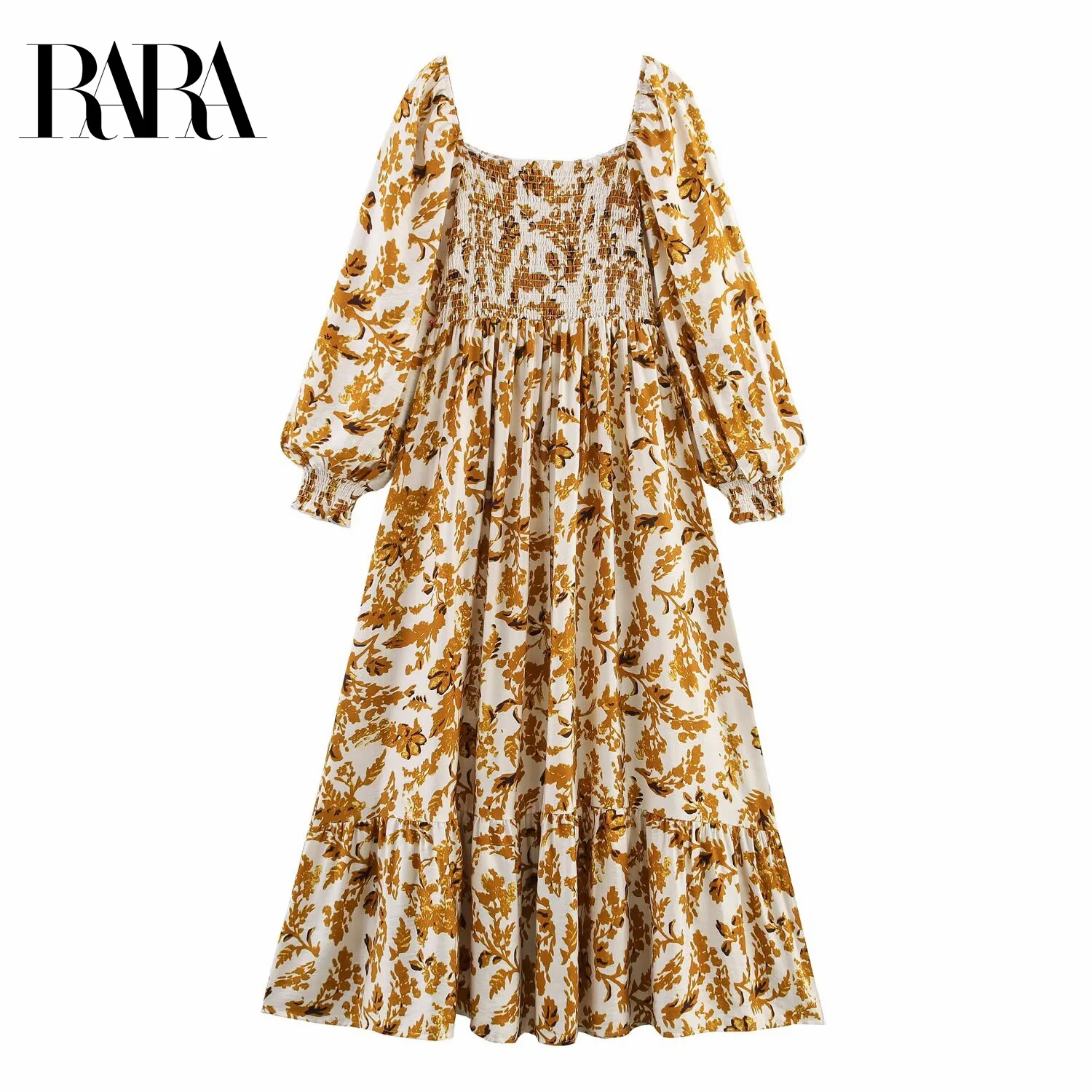 

RARA2025 new summer women's casual temperament elastic cuffs waist square collar long sleeves printed long dress