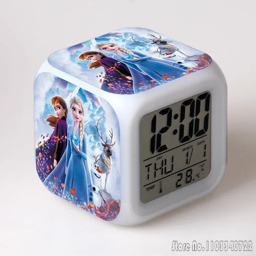 Anime Frozen Princess Anna Elsa Alarm Clock Creative Student 8x8x8cm LED Cube with Colorful Light Display Time Week Month