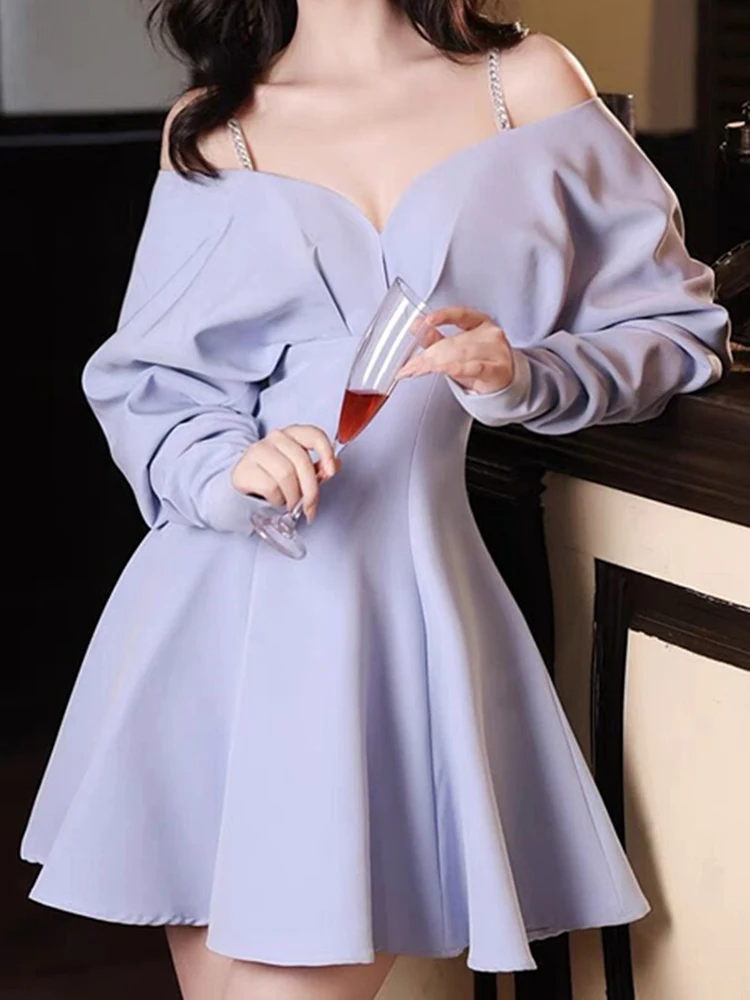 DEAT Fashion Chain Camisole Dress Women Slash Neck Full Sleeve Off Shoulder A Line High Waist Evening Party New Spring 15KB5589