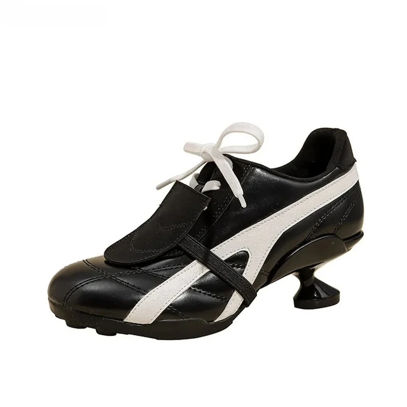 

Ins style Fashion Mixed-color Patchwork Soft Leather Women High heels sneakers Autumn Winter Casual Lace-up Novelty Sporty Shoes