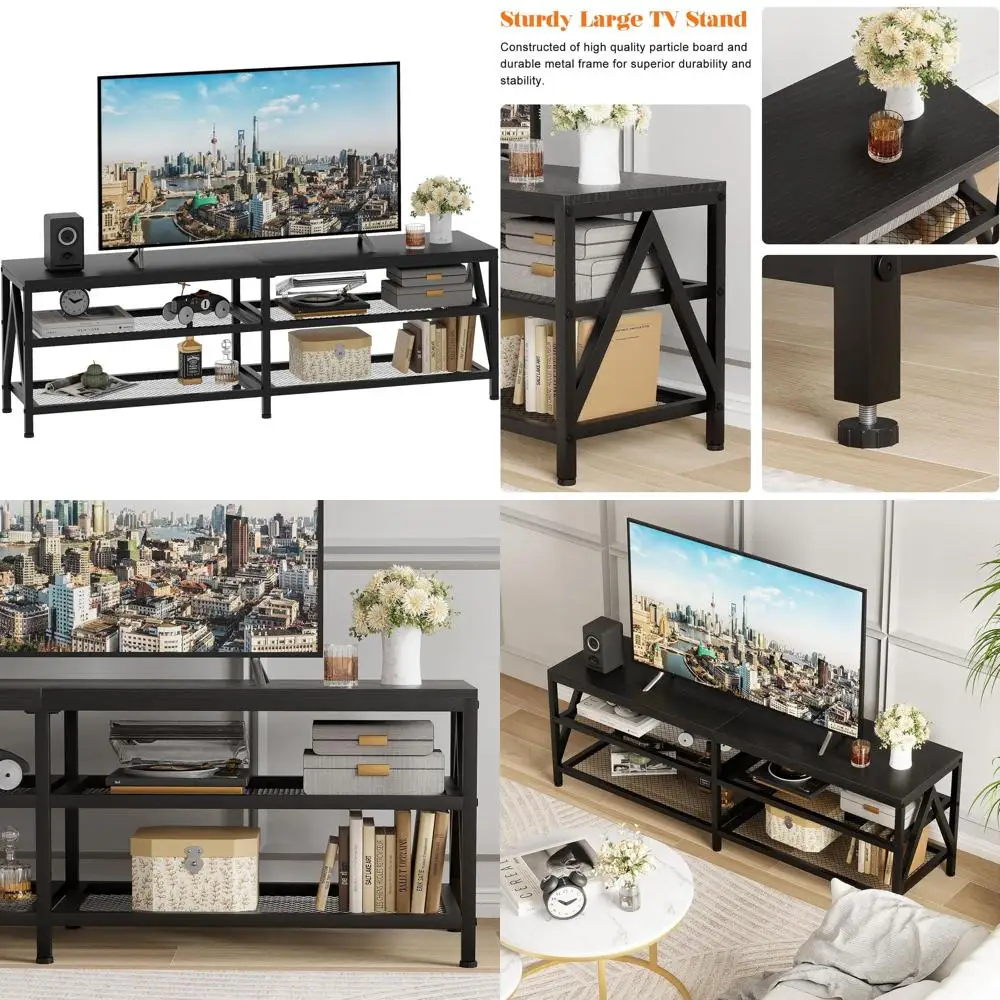 

Промышленная длинная подставка для телевизора 63 с 3-уровневыми полками для телевизоров до 70 лет, развлекательный центр для гостиной и спальни (черный)