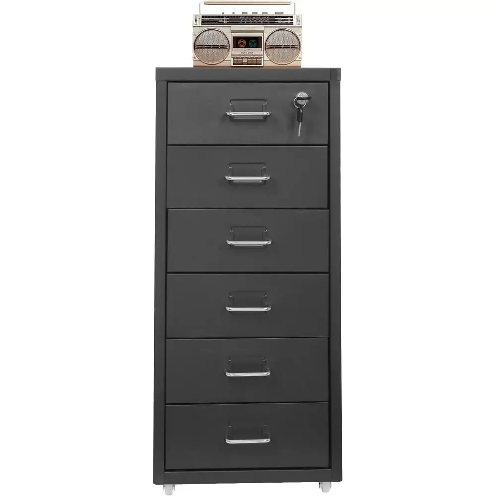6-Drawer Lockable Vertical File Cabinet, Mobile Vertical File Cabinet with Casters, Black Office Organizer for Documents, Home O