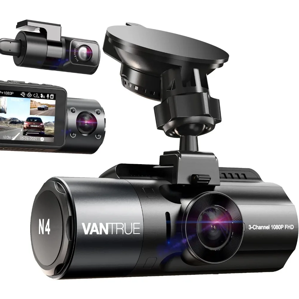 N4 3 Channel Dash Cam, 4K+1080P Front and Rear, 1440P+1440P Front and Inside, 1440P+1440P+1080P Three Way Triple Car