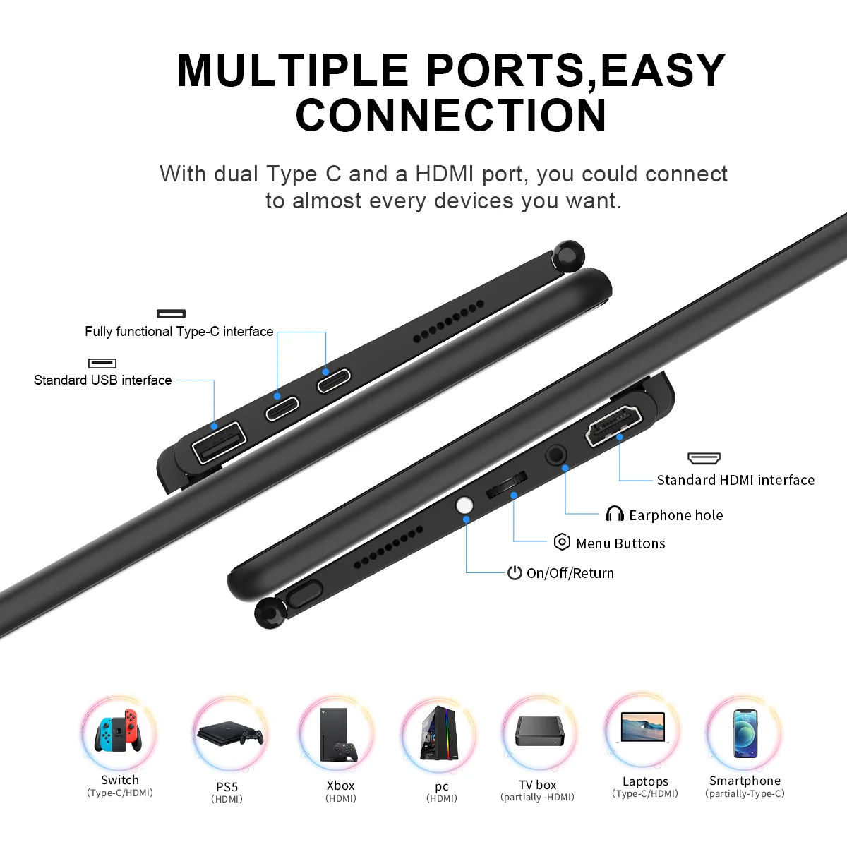 Monitor Portátil Tátil com Suporte, 15,6 ", FHD, 1920x1080, Segunda Tela, HDMI, USB, Tipo C, PS 4, Xbox, Switch, PC, Laptop