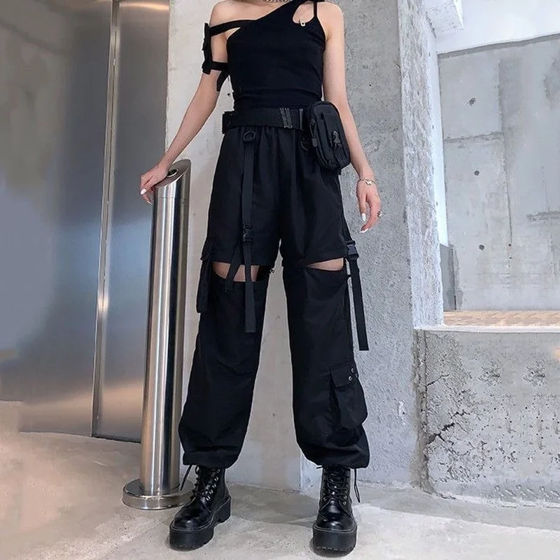 Korean Detachable Y2k Pants Casual Loose Solid High Waist Patchwork Hollow Out Pantalones 2022 Draw String Punk Wide Leg Pant