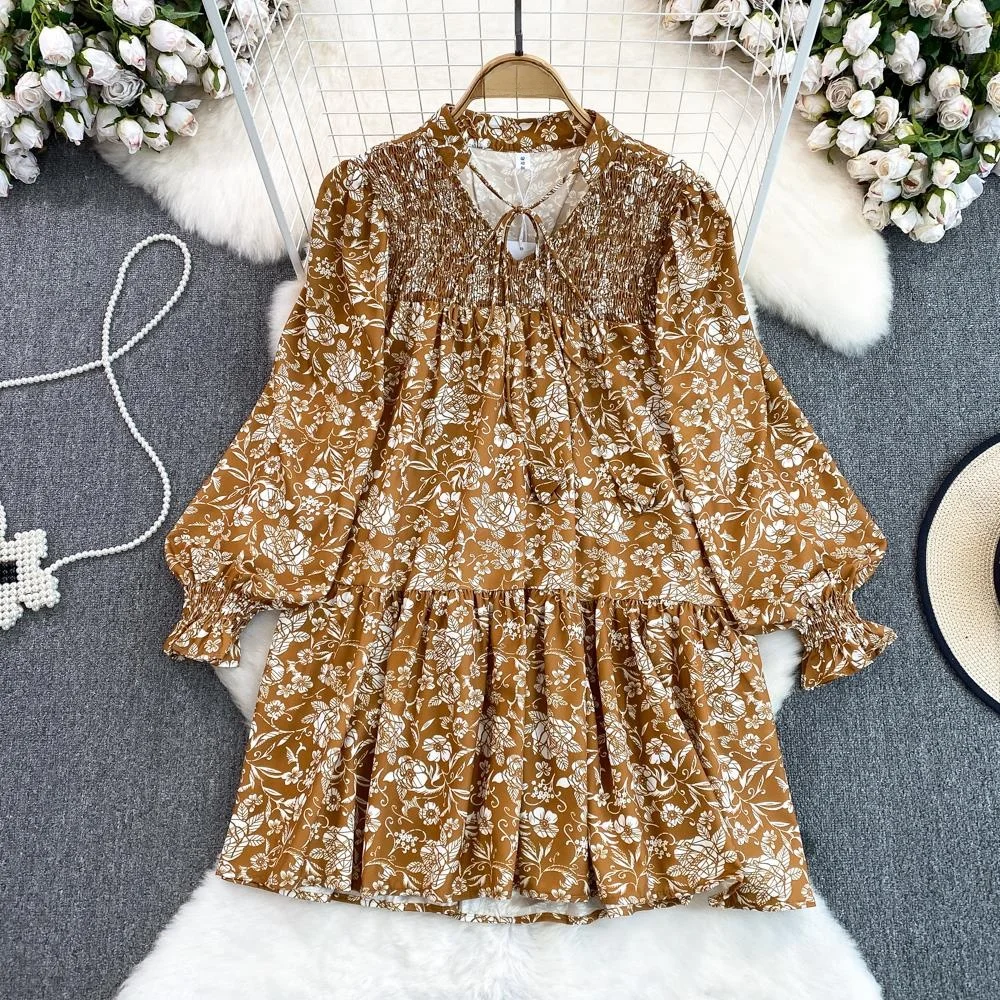 봄 가을 패션 젠틀 스위트 랜턴 롱 슬리브 브이넥 루즈 미디 A라인 레이스 트림 플로럴 프린트 여성 스커트