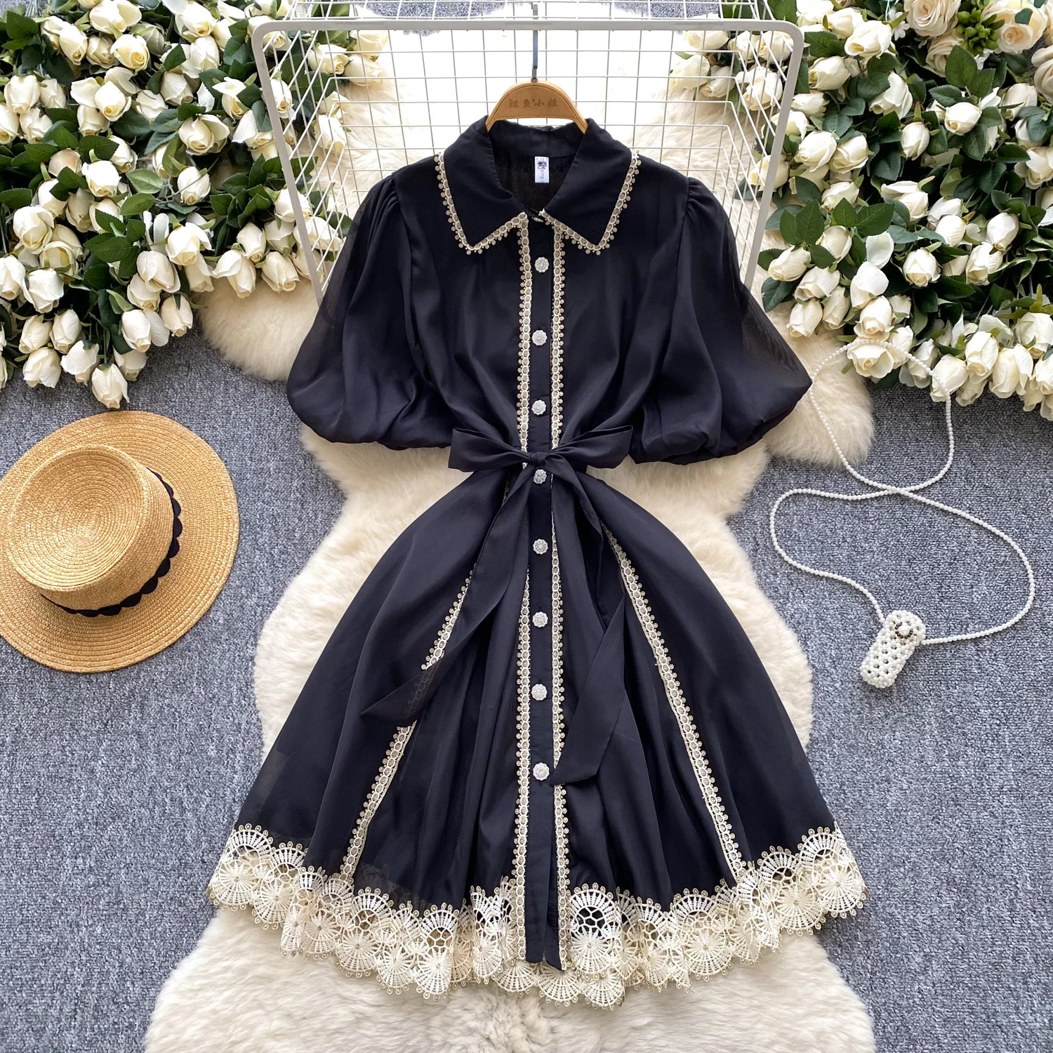 2025 ฤดูร้อนชุดวินเทจใหม่หญิงโคมไฟ Turn-Down COLLAR Lace Spliced Design SHEER คุณภาพสูงผู้หญิง PARTY Dresses