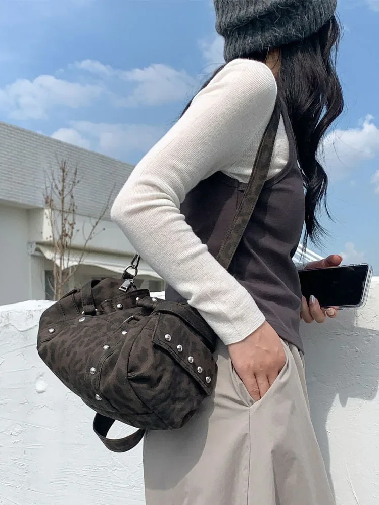 

New Retro Leopard Print Handbag for Women, Rivet Underarm Bag, Trend Single Shoulder Crossbody Bag