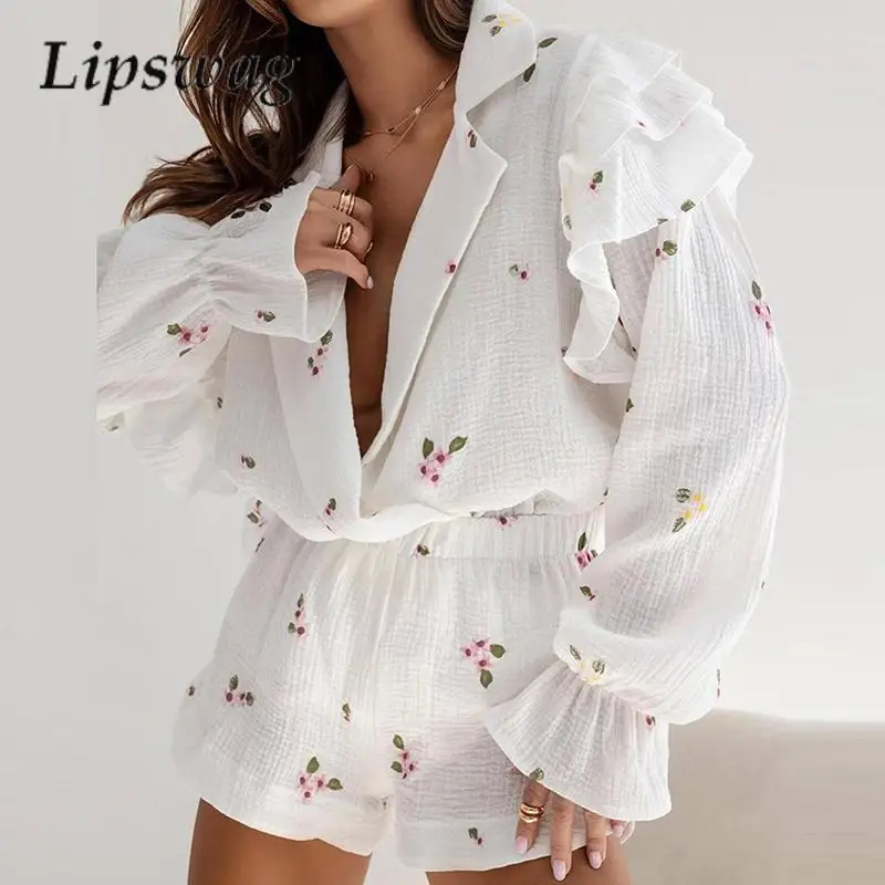 

Fashion Long Sleeve Tops Ruffles Blouse + High Waist Shorts Set Women 2-piece Beautiful Suit Spring Floral Print Cotton Outfits