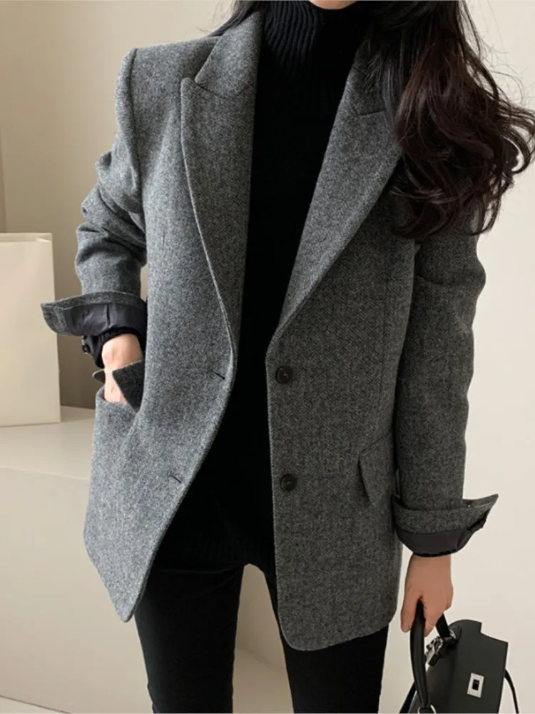 Women Elegant Autumn Blazer Jackets Turn Down Collar Buttoned Style Chic Business Workwear Loose Suit Coat New Arrival