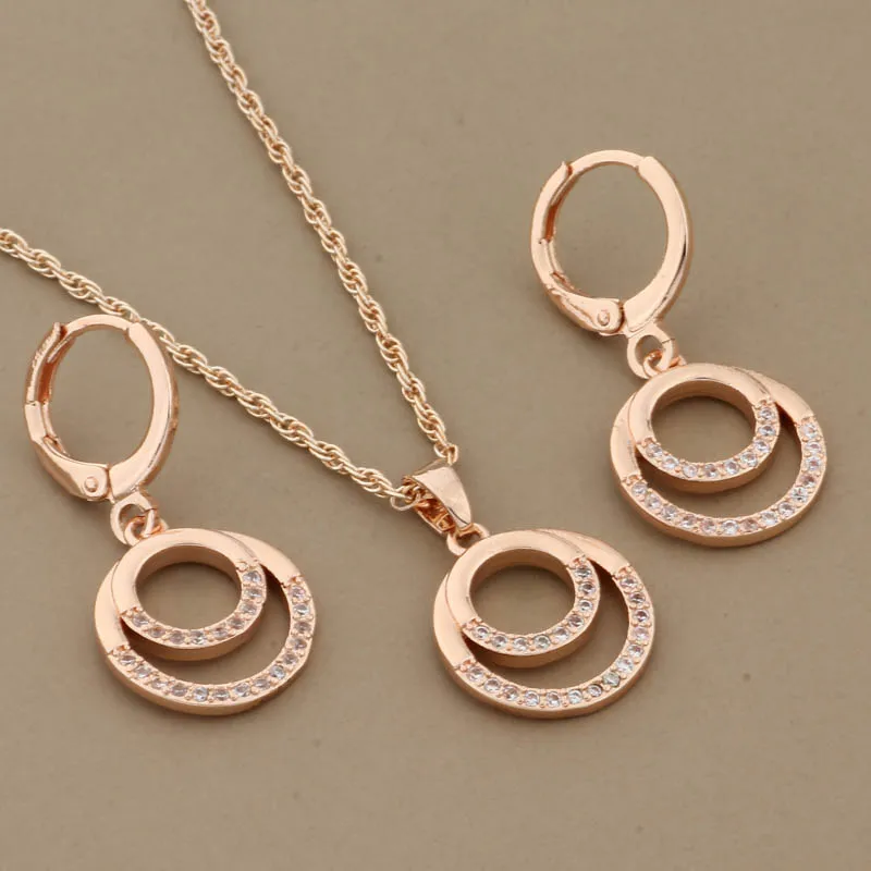 Hot 585 Rose Gold Color Drop Earrings And Pendants Sets For Women Natural Zircon Luxury Quality Jewelry Bridal Wedding Jewelry S