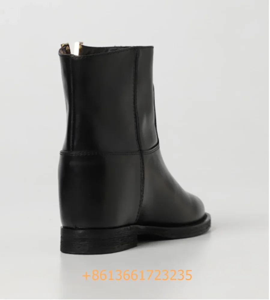 Black/brown Round Toe Fashion Shoes 2025 Winter New Solid Designer Catwalk Ankle Boots Real Leather Metal V Buckle Woman Boots