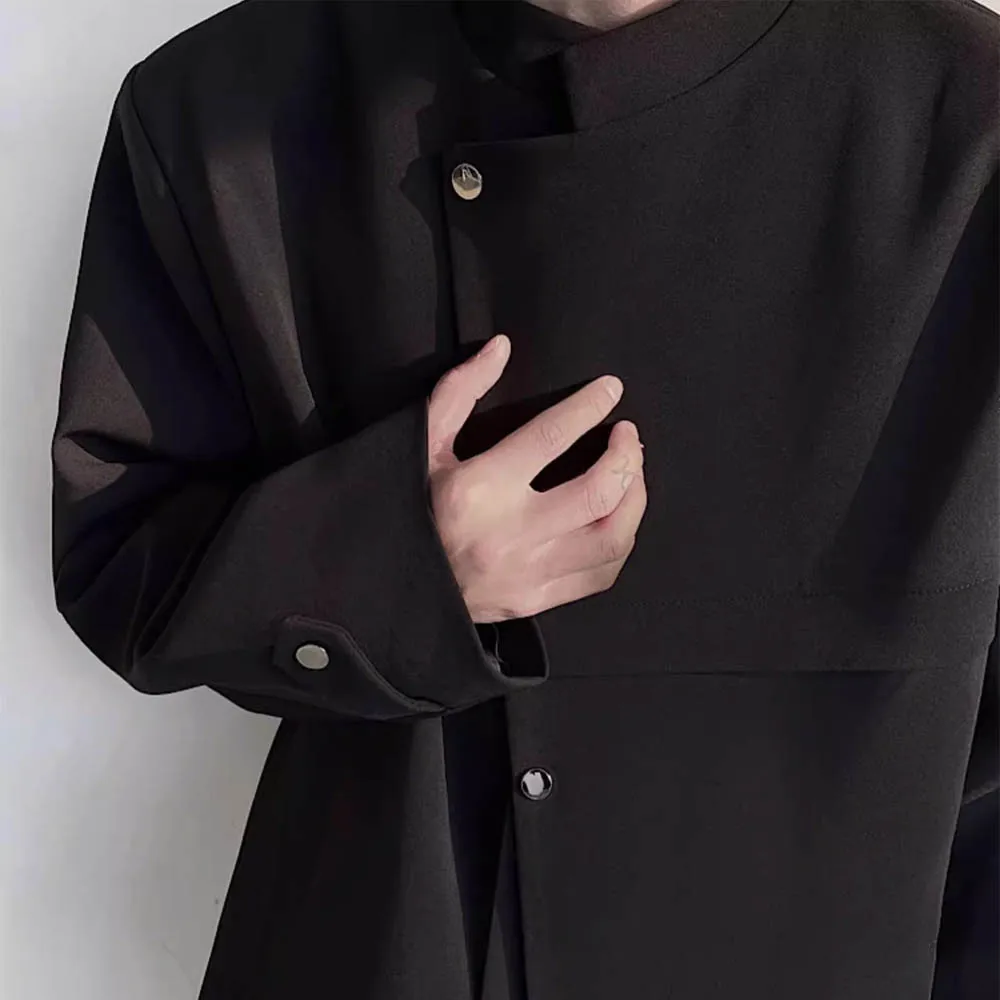 2026 New Men Black Blazer Stand Collar Asymmetric Button Loose Casual Vintage Streetwear Coat