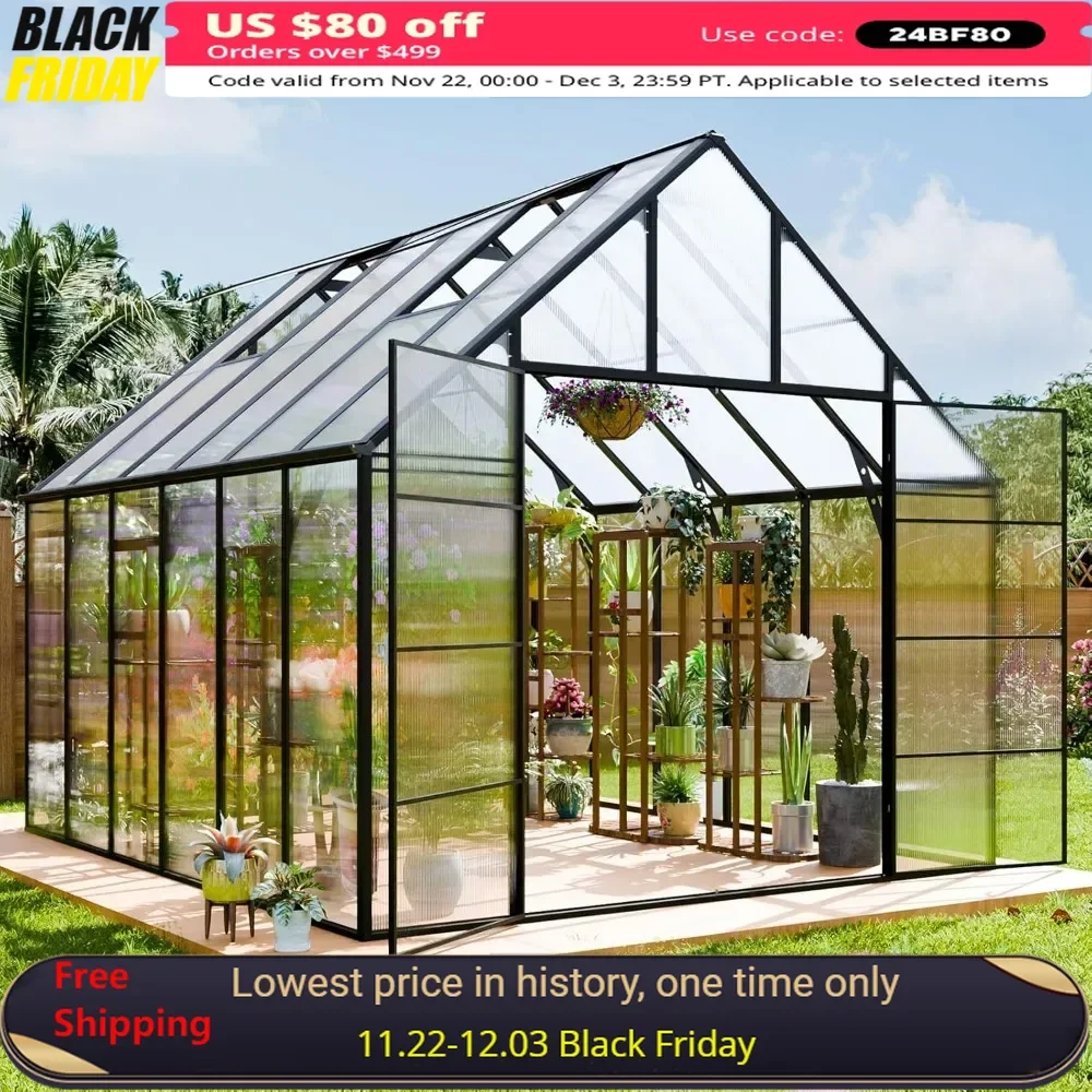 10x10x12 FT Greenhouse with Polycarbonate Panels, Swing Door, Hinged Roof Vent and Rain Gutters, Outdoor Aluminum Greenhouse