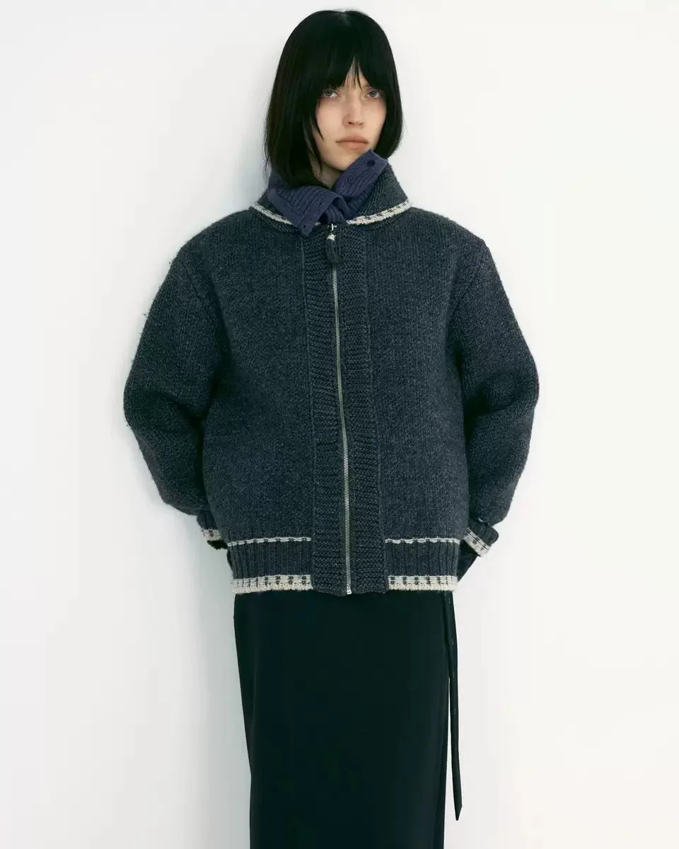 

PREON Vintage Contrast Color Doll Collar Versatile Knitted Open Cardigan Women's Loose Fit Casual Long Sve Zipper Closure