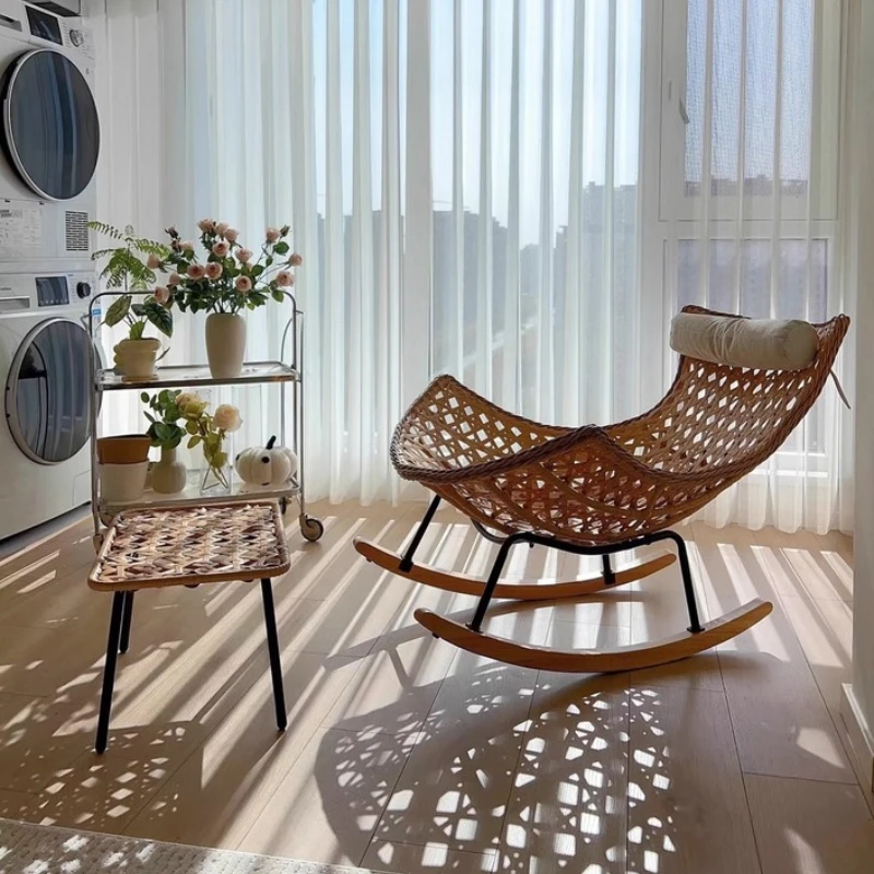 Rattan Rocking Chair for Sleeping Single Recliner Lounge Chair for Living Room Patio Outdoor Relaxing Seat Natural Wicker Rocker