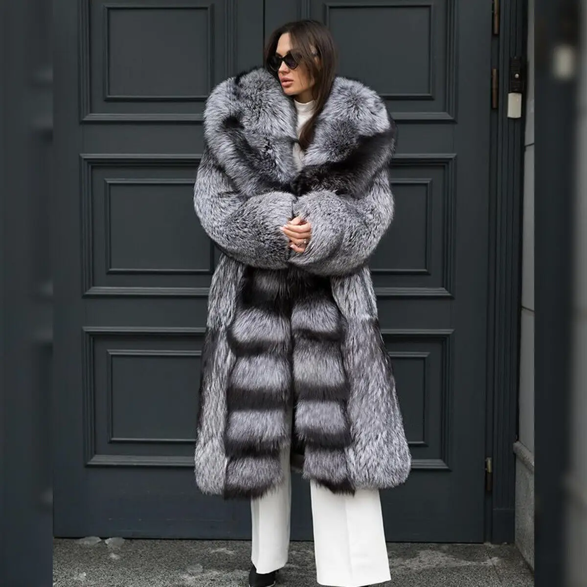 Luxury Elegant Real Silver Fox Fur Coat Women's Genuine Fur Shawl Lapel Thick Jacket Winter Warm Natural Fox Fur Overcoat